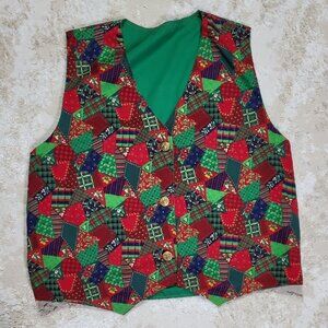 Handmade Women Christmas Gold Button Vest Size S/M/L/XL Patchwork Artsy Novelty
